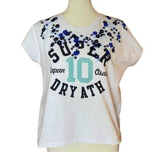 Super Dry White Flower Japan Embroidered Logo Crewneck T-Shirt - Size XS